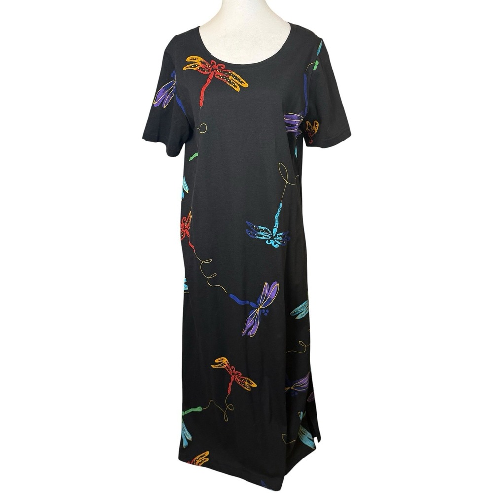 VTG Copa Cabana Maxi Dress Black Dragonfly Print Medium USA Wearable Art Boho